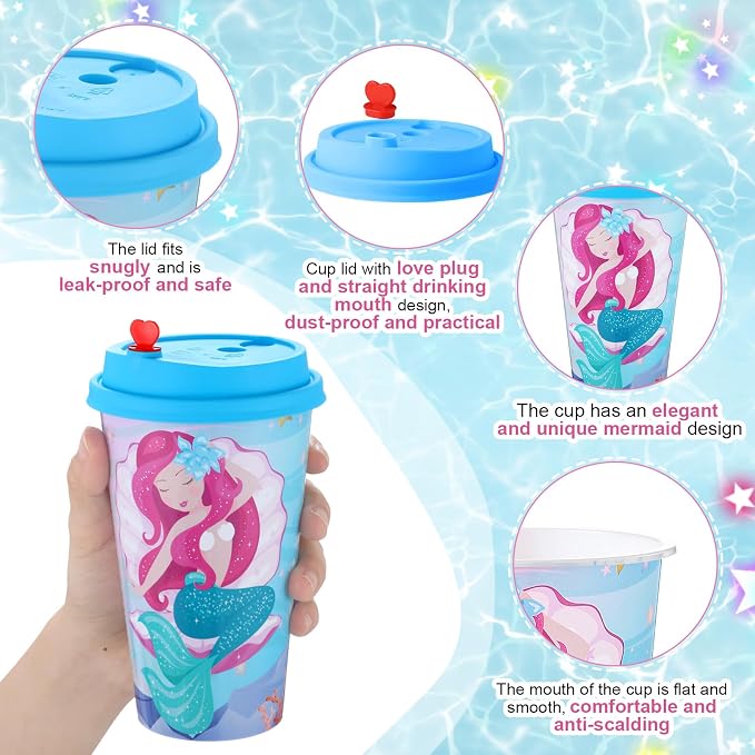 Maxcheck 36 Sets 16 oz Mermaid Party Favors Goodie Cups with Colorful Lids and Straws for Birthday Decorations Reusable Plastic Candy Cups Bulk Plastic Straws for Birthday Party Celebration Gifts