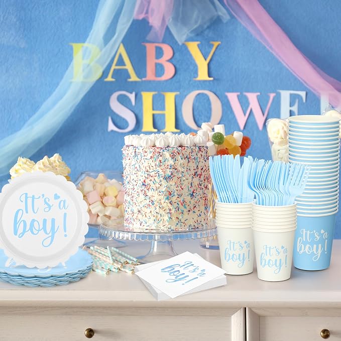 Qinyoung 218 Pcs Baby Shower Plates and Napkin Set Serve 24 Baby Boy Shower Decorations Set Includes Blue Boy Paper Plates Napkins Cups Cutlery for Gender Reveal Birthday Party
