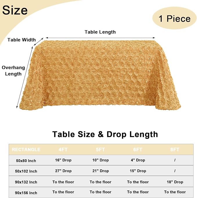 Fanqisi Gold Rosette Table Cloth 90x156 Inches Rectangle Satin Tablecloth Party Table Cover for Party Banquet Birthday Table Wedding Decoration