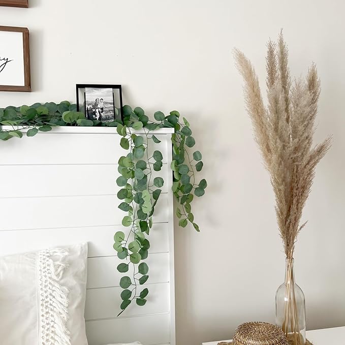 CQURE 96Pcs Eucalyptus Garland,Artificial Eucalyptus Leaves Table Greenery Garland Wreath Vines for Wedding Party Table Fireplace Home Decor