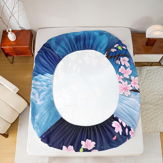 Castle Fairy Moon Fitted Sheet Set with 2 Pillowcase,Pink Cherry Blossom Bright Moon Planet,Soft Cool Hotel Top Flat Sheet Luxury Microfiber,Queen Size