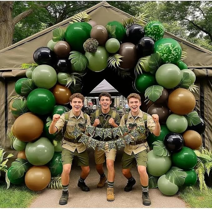 Camo Balloon Arch Garland Kit Double Stuffed Dark Green Brown Black Balloon Latex Sage Olive Green Black Balloons for Dinosaur Birthday Woodland Jungle Hunting Theme Camo Baby Shower Party Decor
