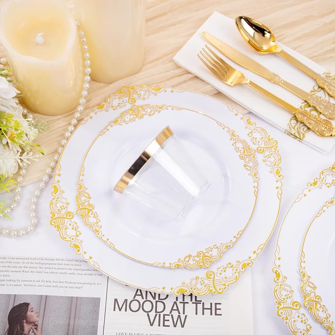 Hioasis 350pcs White and Gold Plates - White Party Plates for 50 Guest, Include 100 Heavy-duty Plates(20% Thicker Than Standard), 150 Cutlery Set, 50 Napkin, 50 Cups for Party & Wedding