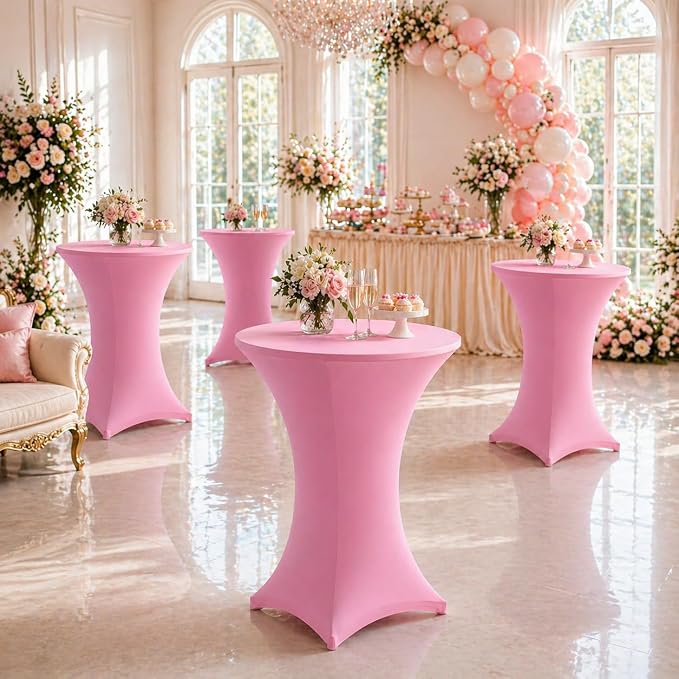 Cocktail Table Covers - 2 Pack 32x43 Inch Table Cloth - Pink Fitted Stretch Spandex Round High Top Tablecloth for Party, Bar, Birthday, Pub, Banquet