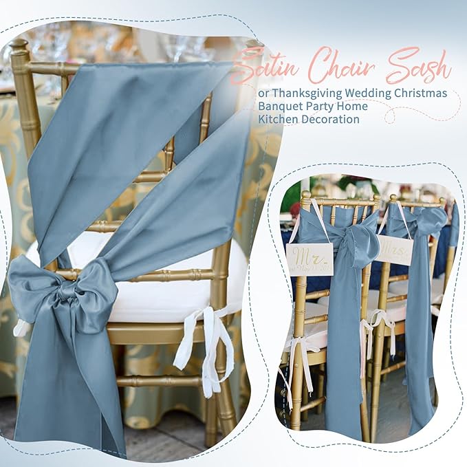 60 PCS Dusty Blue Satin Chair Sashes, Ties Bows Designed Chairs Decorative, Chair Cover Sashes for Thanksgiving Wedding Christmas Banquet Party Home Kitchen Decoration (7 x 108 inch)