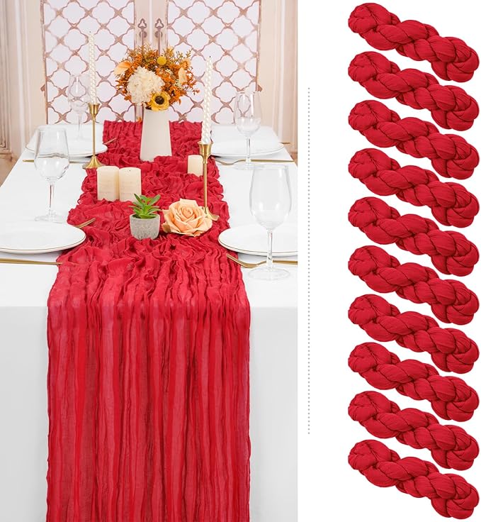10 Pack Christmas Table Runner 10FT Red Cheesecloth Table Runner 35 x 120 Inch Long Semi-Sheer Gauze Fabric Boho or Rustic Wedding Table Decor for Bridal Shower Baby Shower Holiday Party