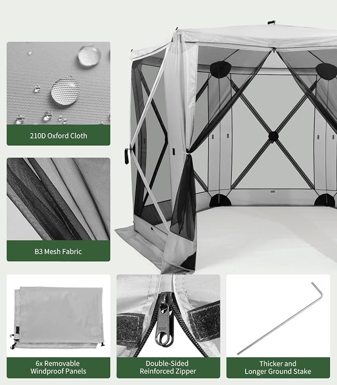 Raynesys 6 Sided Pop Up Gazebo Tent, Camping Screen Tent for 6-8 Person Foldable, Pop-Up Canopy Shelter with Mesh Windows, UV Resistant, Quick Set, Outdoor Gazebo with 6 Removable Wind Cloths, Gray