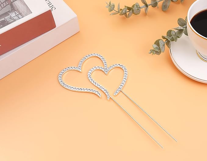 LOVENJOY Gift Boxed Two Hearts One Love Rhinestone Wedding Cake Topper Silver