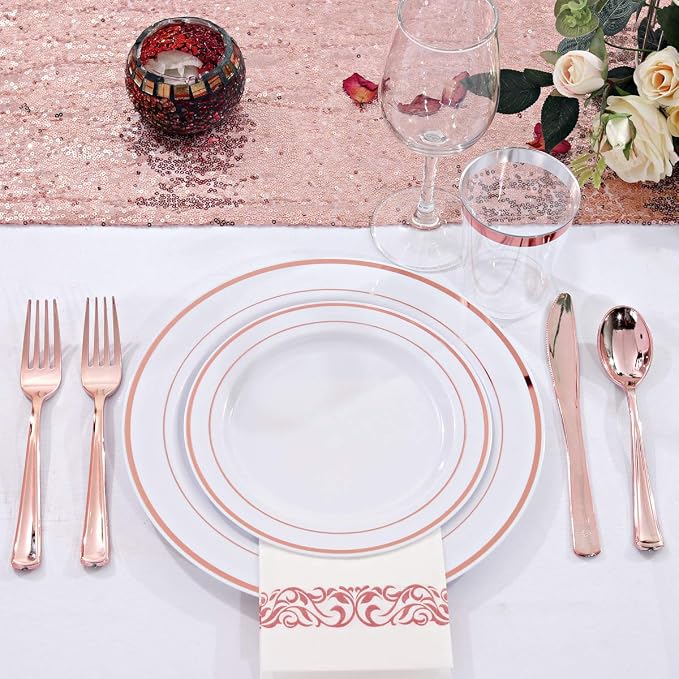 WDF160 Piece Rose Gold Disposable Cutlery Set - Heavyweight Plastic Silverware - Includes 80 Forks, 40 Spoons, 40 Knives - Rose Gold Silverware Perfect for Wedding Party Birthday