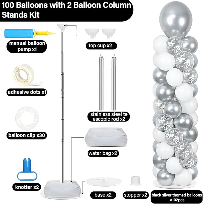 2 Sets Silver and White Balloon Column Stand Kit with 100 Balloons Silver Balloon Tower Stand with Bases for Floor Confetti Balloons Column Kit for Wedding Graduation Birthday Disco Prom Party Decor