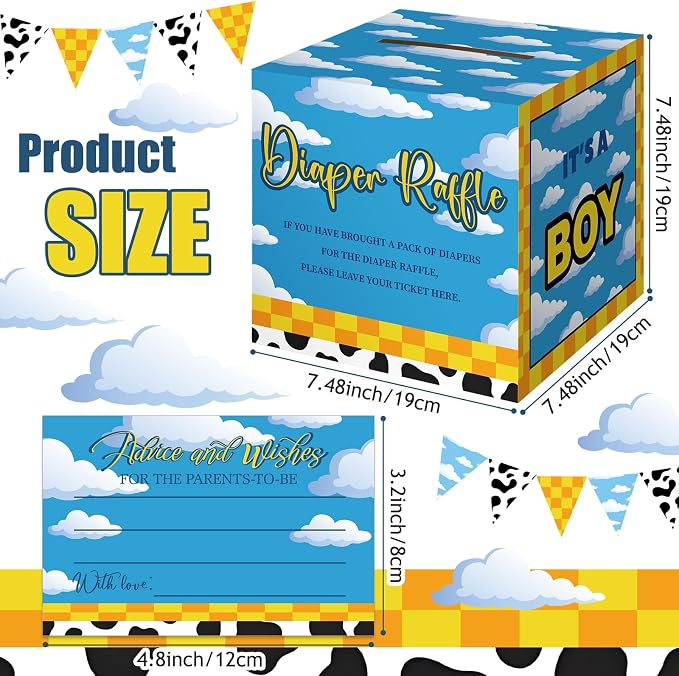 Teling 51 Pieces Diaper Raffle Tickets with Card Box Baby Shower Decorations Gender Reveal Holder Box for Girl Boy Diaper Raffle Party (Cartoon)