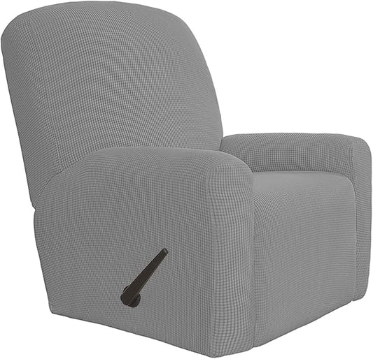 Easy-Going 4 Pieces Oversized Recliner Stretch Sofa Slipcover Sofa Cover Furniture Protector Couch Soft with Elastic Bottom,Polyester Spandex Jacquard Fabric Small Checks Light Gray