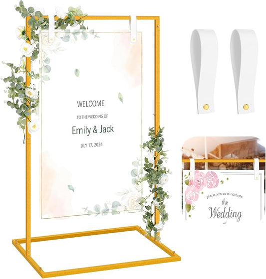MorningRo Wedding Welcome Sign Stand 50”x30”x20” Welcome to Our Wedding Sign Holder with 2 Leather Straps Easel Stand for Signs Metal Display Poster Holder for Ceremony Party(White, Gold)