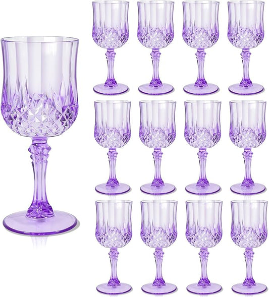 CHLJAR 7oz Plastic Vintage Drinking Glasses Wine Glasses Vintage Champagne Flutes Unbreakable Wedding Glassware Crystal Water Goblets Reusable Drinkware (Purple, 12 PCS)