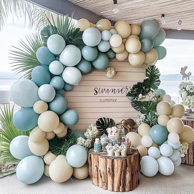 Dusty Blue White Sand Balloon Garland Double Stuffed Pastel Light Blue Cream Beige Matte Balloon Arch Kit with Gold Latex for Neutral Baby Shower Bridal Wedding Birthday Mothers Day Summer Party