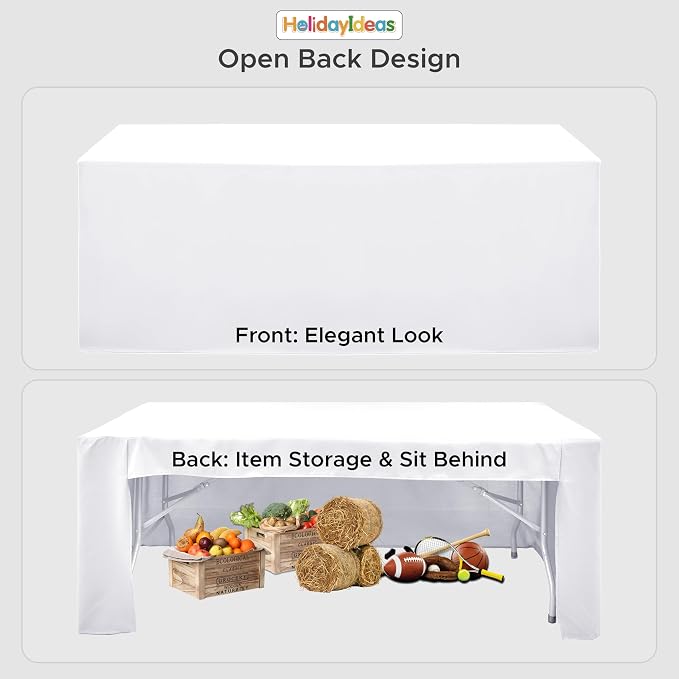 HolidayIdeas 6-Pack 6ft Open Back Fitted Tablecloths for Craft Shows White | 3-Sided coverage wrinkle resistant tablecloths for vendor booths,banquet events,outdoor pop-up shop