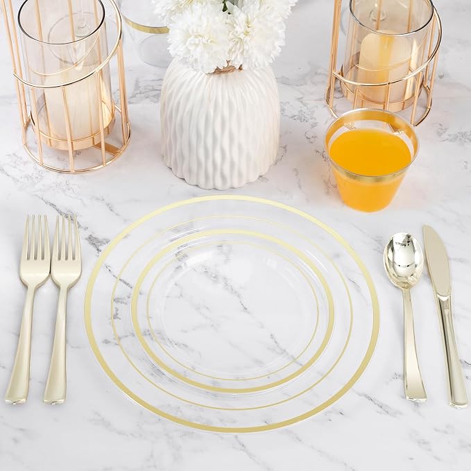 BESTVIP 300PCS Clear Gold Plastic Plate Set (50 Guests), Disposable Dinnerware Set for Party, Wedding, Birthday - 100 Plates, 100 Forks, 50 Spoons, 50 Knives for Christmas