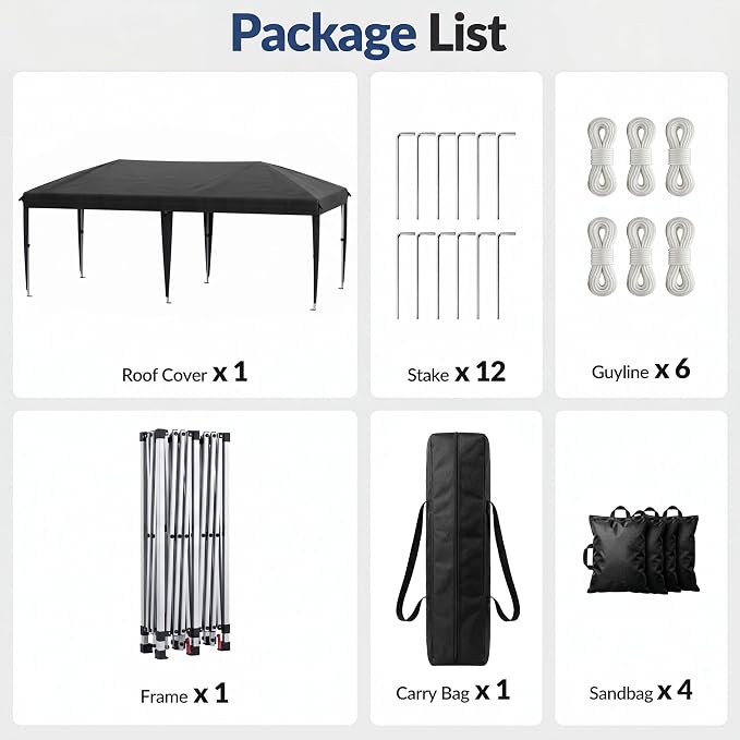 10x20 Pop Up Canopy Without Sidewalls, Instant Tent with Carry Bag, Sandbags, Height Adjustable Waterproof Outdoor Canopy, Outdoor Canopy for Events, Camping, Parties (Black)