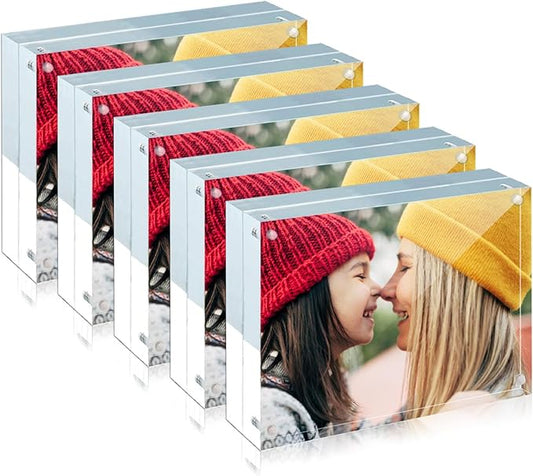 ILYXY 5 Pack Acrylic Frame 8x10, 20% Thicker, 24mm Thick Frameless Clear Picture Frame, Double Sided Magnetic Photo Frame, Free Standing Desktop Display Stand Acrylic Picture Frames