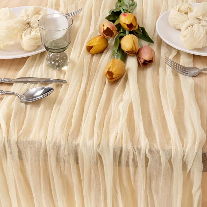 MLMC 8 Pack Beige Cheesecloth Table Runner 10ft Cream Rustic Gauze Cheese Cloth Table Runner 35x120 Inches for Wedding Baby Bridal Shower Boho Home Decor