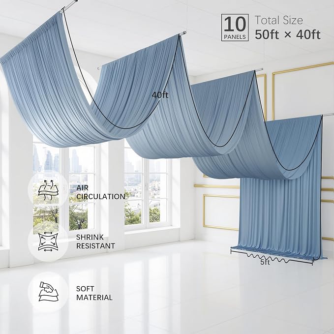 50ftx40ft Dusty Blue Ceiling Curtain for Wedding Parties – 10 Panels Wrinkle-Free 40 FT Long Tent Draping Curtains for Wedding, Birthday & Theme Parties, 40ft Height with Rod Pocket