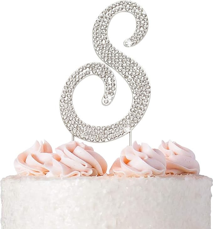 Letter S Cake Topper - Premium Silver Metal - S Monogram Wedding or Anniversary Party Sparkly Rhinestone Initial Decoration Makes a Great Centerpiece - Now Protected in a Box