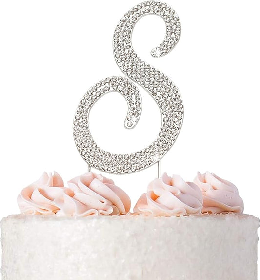 Letter S Cake Topper - Premium Silver Metal - S Monogram Wedding or Anniversary Party Sparkly Rhinestone Initial Decoration Makes a Great Centerpiece - Now Protected in a Box