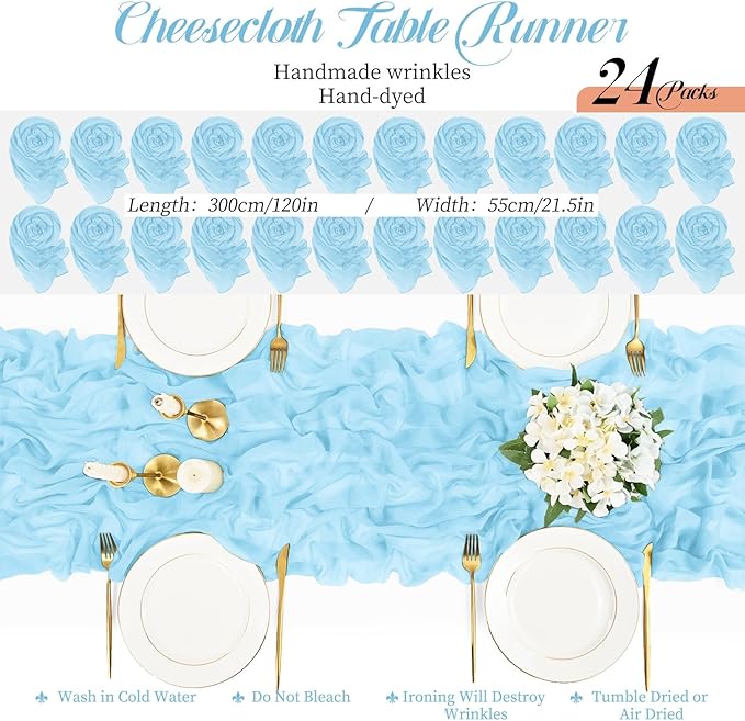 Teruntrue 24 Packs Light Blue Cheesecloth Table Runner,10ft Rustic Gauze Boho Wedding Table Runner Decoration, Wedding Table Decor Sheer Table Runner for Wedding Party Bridal Shower Table