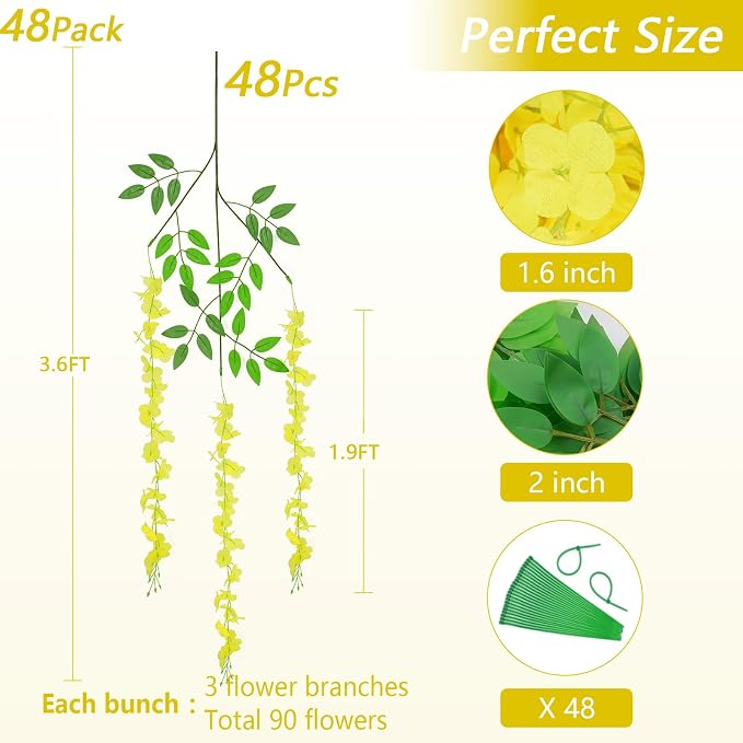 48Pcs Artificial Wisteria Hanging Flowers, 3.6Ft/Pcs Yellow Fake Wisteria Garland for Wedding Party Home Garden Indoor Outdoor Decoration