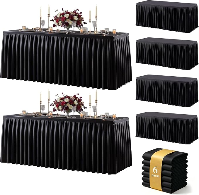 Black Polyester Table Cloths for Rectangle 6 Foot Tables, 6 Pack Wrinkle Free Tablecloths Stretchy Banquet Ruffle Fitted Table Cover Desk Skirt for Parties Wedding Birthday Baby Shower