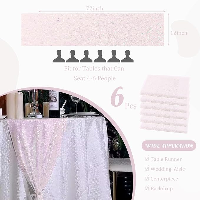6 Pack Sequin Table Runner Sequin Table Cloths 12" x 72" Sparkle Table Runner for Baby Bridal Shower Wedding Birthday Party Table Decor (Iridescent White)