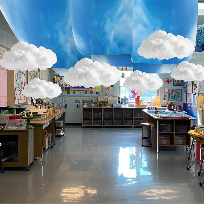 VioraWhite 13 Pcs Blue Sky White Cloud Ceiling Decor Include 12 x 2 ft Fluorescent Light Covers 8 Packs Imitation Artificial 3D Cloud Props Classroom DIY Hanging Ornament Picnic Party Decorations
