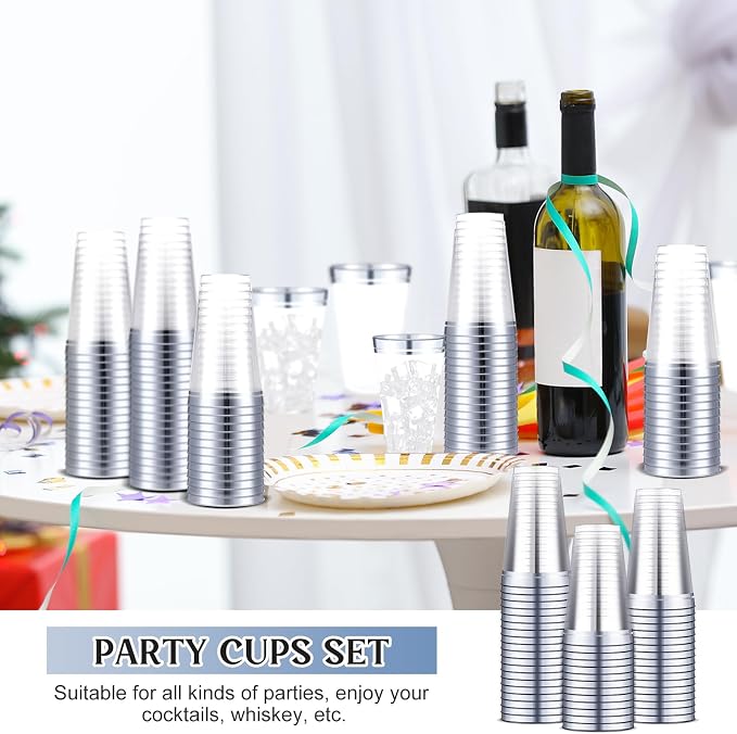 Sliner 50 Pcs Hard Plastic Cups Double Rimmed Plastic Cups Heavy Duty Fancy Wine Glasses for Holiday Christmas New Year Winter Birthday Party Supplies(16 Oz,Silver)