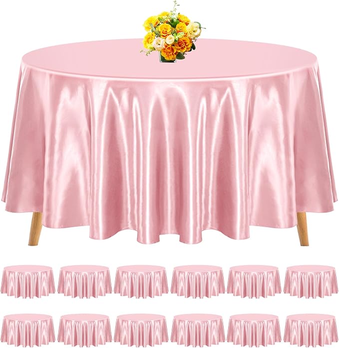 12 Pack 90 Inch Round Tablecloth, Rose Gold Satin Fabric Table Cloth for Round Tables, Wrinkle Resistant Washable TableCover Bright Silk Table Clothes for Wedding Party Dining Tables Banquet