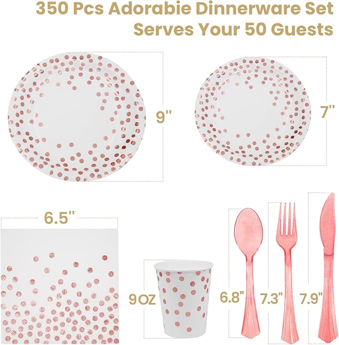 AIRE 350PCS White Rose Gold Party Supplies, Bulk Disposable Dinnerware Set Serves 50, Heavy Duty Paper Plates & Plastic Cutlery Forks Knives Spoons for Wedding, Engagement, Large Event