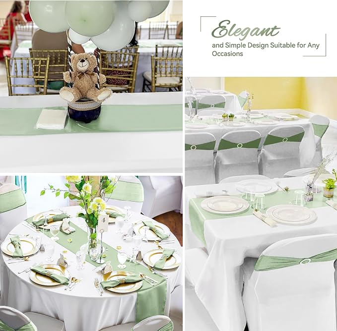 24 Pack Sage Green Satin Table Runners, 12 x 108 Inch Long Table Runners for Rectangle Round Tables,Smooth Satin Table Runner for Wedding,Birthday Party Banquets Graduation Engagements Decoration