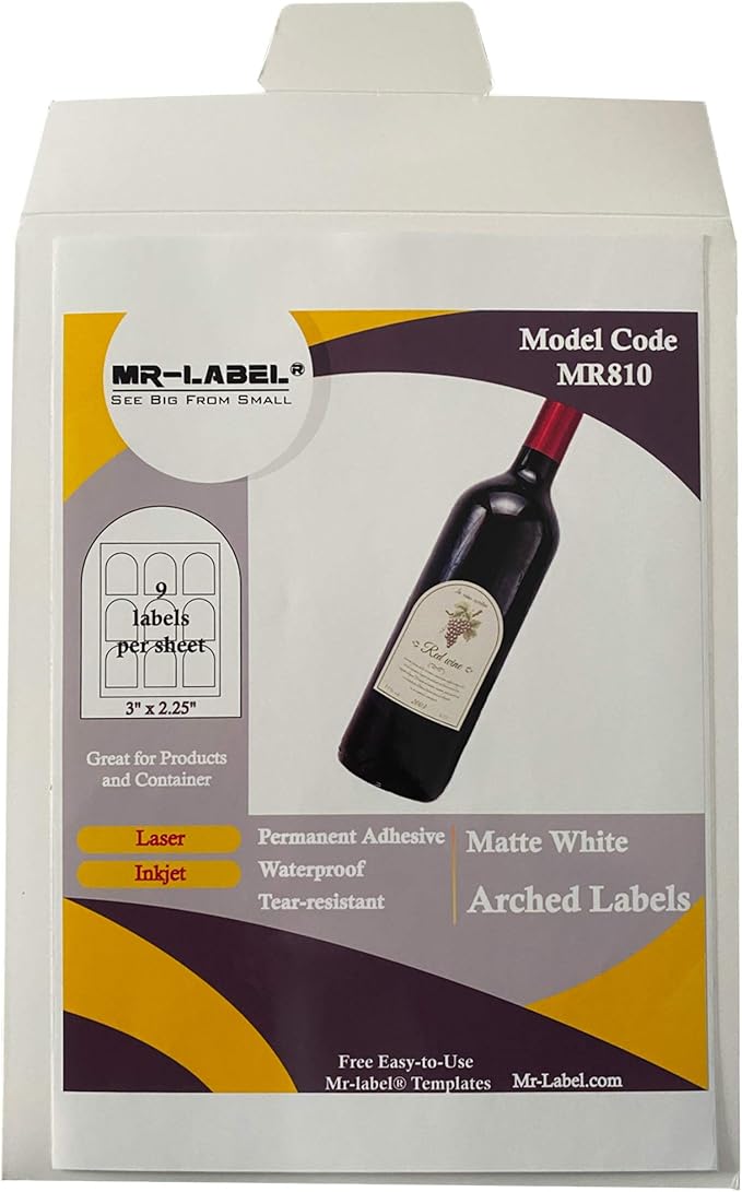 Mr-Label 3" x 2.25" Arched White Sticker Label - Waterproof and Tear-Resistant - for Inkjet & Laser Printer - for Glass Bottles | Jars | Plastic | Metal | Paper (25 Sheets Total 225 Labels)