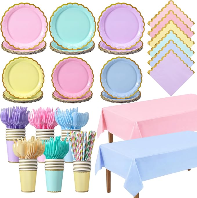 Vesici 452 Pcs Pastel Party Supplies Set for 50 Guests Include 9 Inch 7 Inch Paper Plates Napkins Tablecloths 9 oz Cups Forks Spoons Straws for Birthday Baby Shower Wedding Party Decorations, 6 Colors