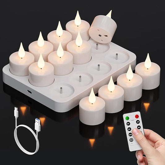 Rechargeable Tea Lights Flameless Candle with Remote Timer, 12 PCS Tea Candles Flickering with Charging Base, 3D Flame Battery Operated Small Votive for Home Wedding Christmas Decorative
