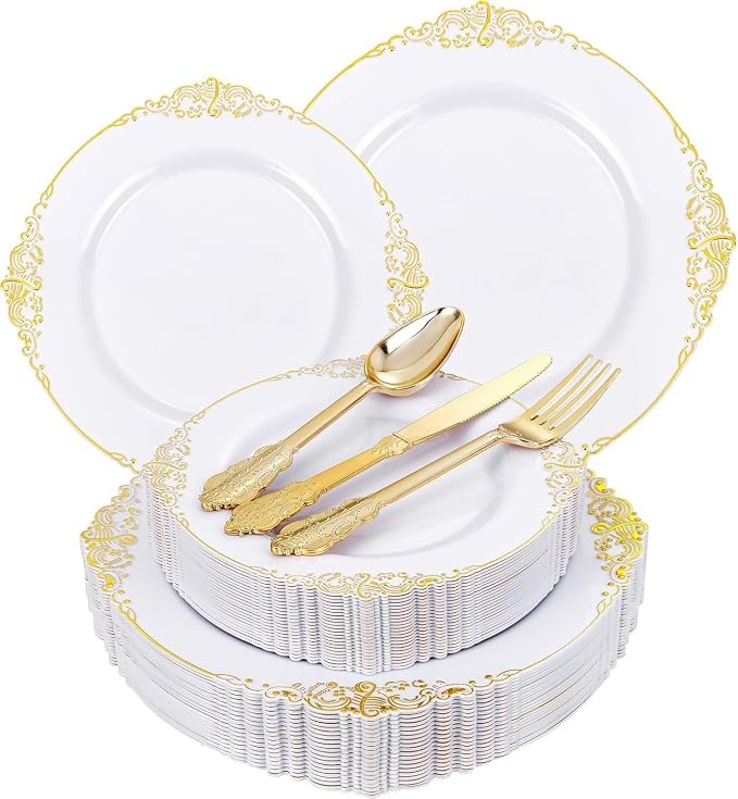 125PCS White and Gold Plastic Plates - Gold Disposable Plates with Plastic Silverware - Vintage Disposable Dinnerware Set for 25 Guests for Wedding Party Dinner Holiday