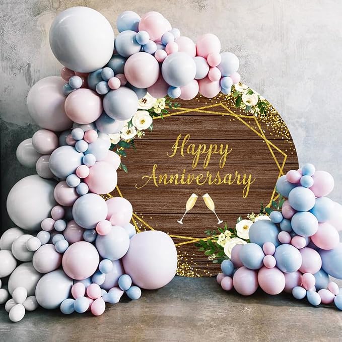 Leyiyi 5x5ft Happy Anniversary Round Backdrop Cover White Floral Love Cheers to Wedding Anniversary Party Decorations Vintage Wood Board Gold Glitter Bokeh Dots Wedding Anniversary Party Backdrop