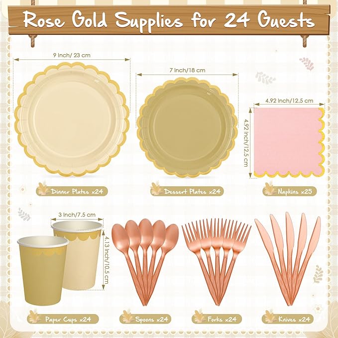 Mimorou 169 Pcs Champagne-gold Beige Plates and Napkins Party Supplies Rose Gold Tableware Include Scalloped Pink Plates Paper Napkin Cup Spoon Fork Knife for Boho Baby Shower, Wedding, Birthday
