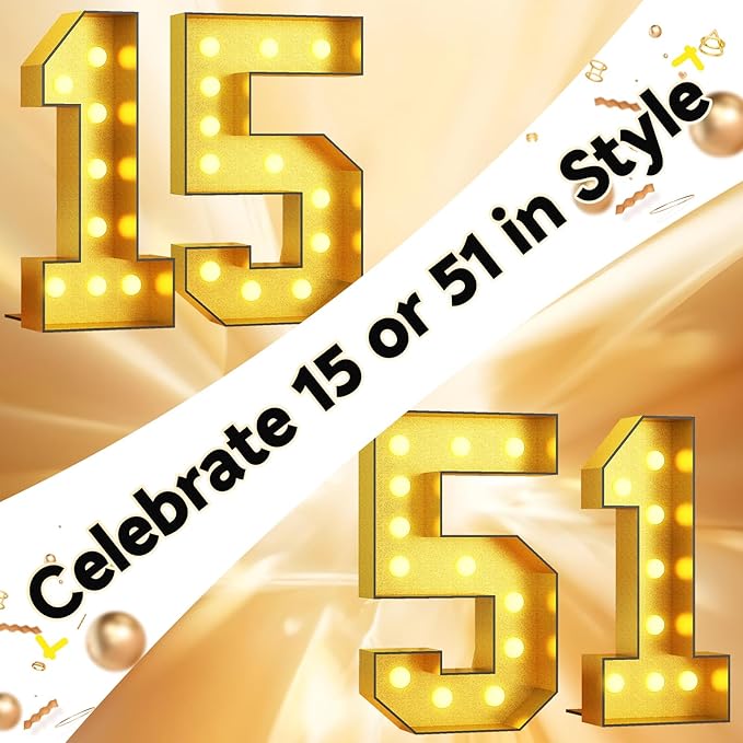 Number 15 Marquee, 4FT Light Up Numbers Gold Large Light Up Number Mosaic Number for 15th Birthday, Giant Light Up Number 4 Feet Tall DIY Frame Pre-Cut Foam Board Kit for Graduation Anniversary Party