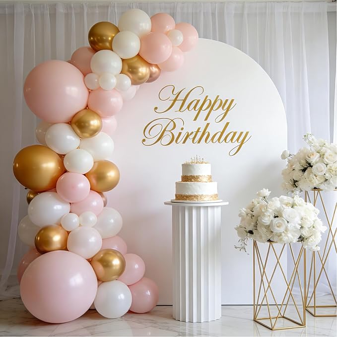 Pink White Gold Balloons Arch Kit - 119 PCs Double Stuffed Pearl White Pastel Light Pale Pink Champagne Gold Balloons for Wedding Bridal Shower Birthday Party Decorations for Girls Women