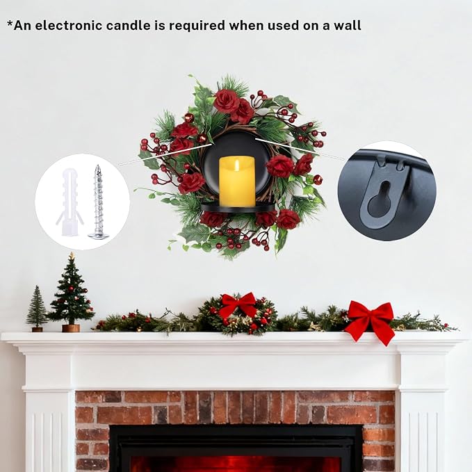 MOYEE Christmas Winter Centerpieces for Tables Candle Ring, Black Metal Candlestick with an Artificial Wreaths 14 in Versatile Dining Table Centerpiece Decor (Rose Wreath)