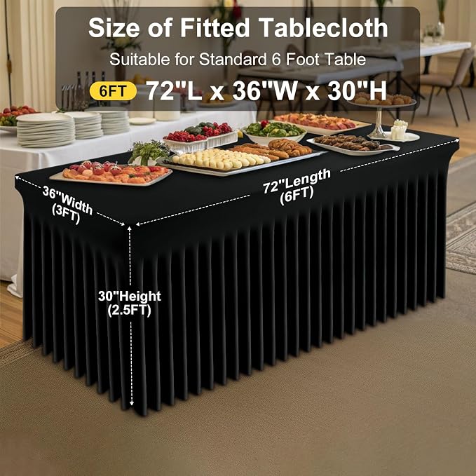 Smiry Spandex Tablecloth, Elastic Fitted Stretch Tablecloth for 6FT Rectangle Tables, Waterproof Washable Table Cover Skirt for Outdoor, Wedding, Banquet & Parties (Black, 72Lx36Wx30H Inch)