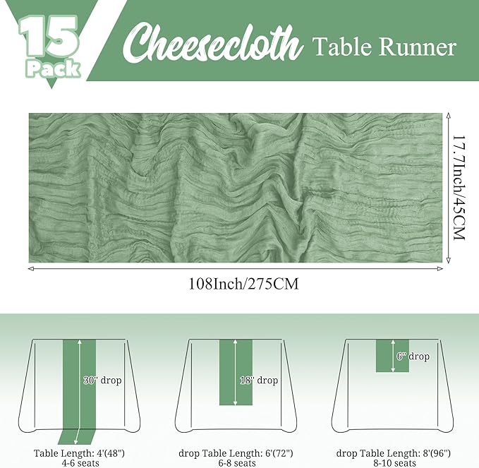 15 Pack Sage Green Table Runner 17 x 108inch Cheesecloth Table Runner Boho Gauze Table Runners Rustic Sheer Fabric Cheese Cloth Table Runners for Wedding Party Bridal Shower Farmhouse Home Decor