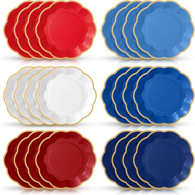 72 Pcs 4th of July Paper Plates 9 Inch Red White and Blue Scalloped Paper Disposable Dinner Dessert Plates for Memorial Day Veterans Independence Day Party Decorations