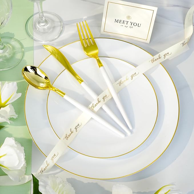 Bestluck 350PCS White Plastic Dinnerware Set, White Gold Plastic Plates for 50 Guests, Include 100 White Plates with 150 Plastic Cutlery, 50 Napkins and 50 Cups
