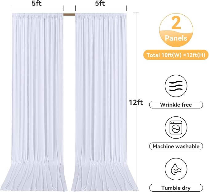 10ftx12ft Wrinkle Free White Backdrop Curtain for Wedding Parties, Silky Polyester 12 ft Long Photo Backdrop Drapes Back Drop Cloth Drapery for Birthday Baby Shower Photography Background